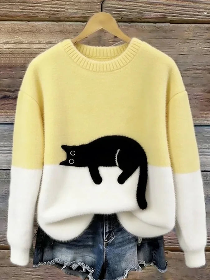 Yellow Women's Graphic Cat Sweatshirt with Color-Block Design & Ribbed Trim