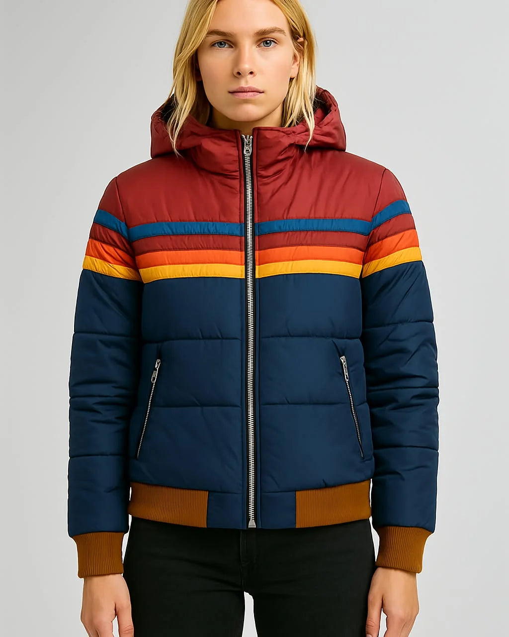 Navy Blue Women's Lightweight Water-Resistant Puffer Jacket with Hooded Design - Front Full