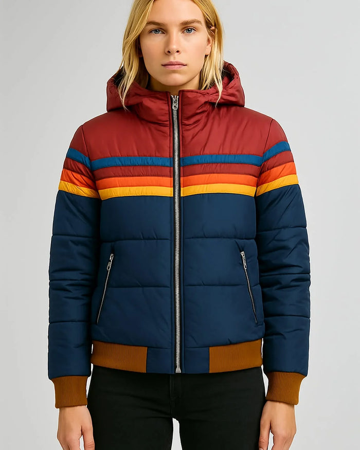 Navy Blue Women's Lightweight Water-Resistant Puffer Jacket with Hooded Design - Front Full