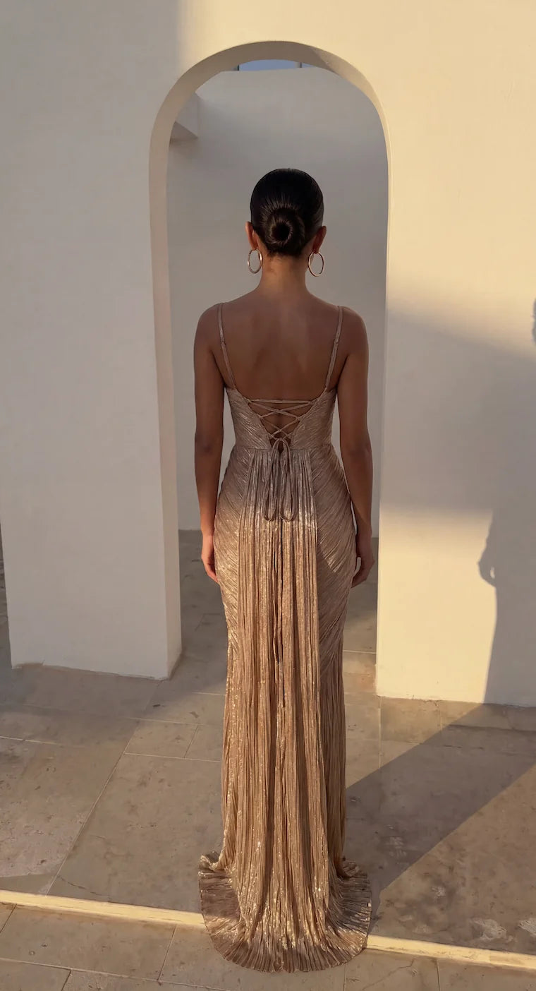 Gold Women's Glitter Maxi Dress with Corset Bodice & Lace-Up Back - Back Full Archway