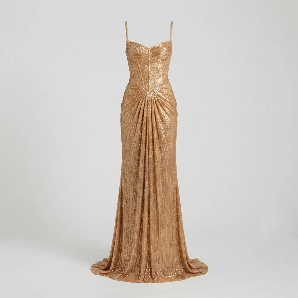 Gold Women's Glitter Maxi Dress with Corset Bodice & Lace-Up Back - Front Flat Product
