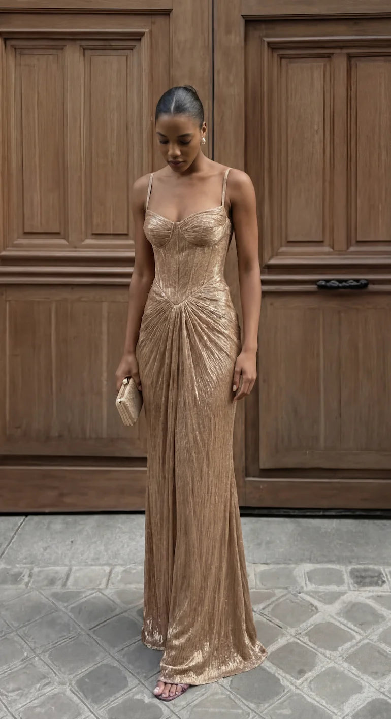 Gold Women's Glitter Maxi Dress with Corset Bodice & Lace-Up Back - Front Pose Outdoor Door