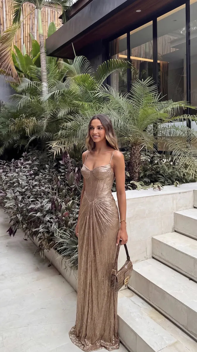 Gold Women's Glitter Maxi Dress with Corset Bodice & Lace-Up Back - Front Pose Tropical