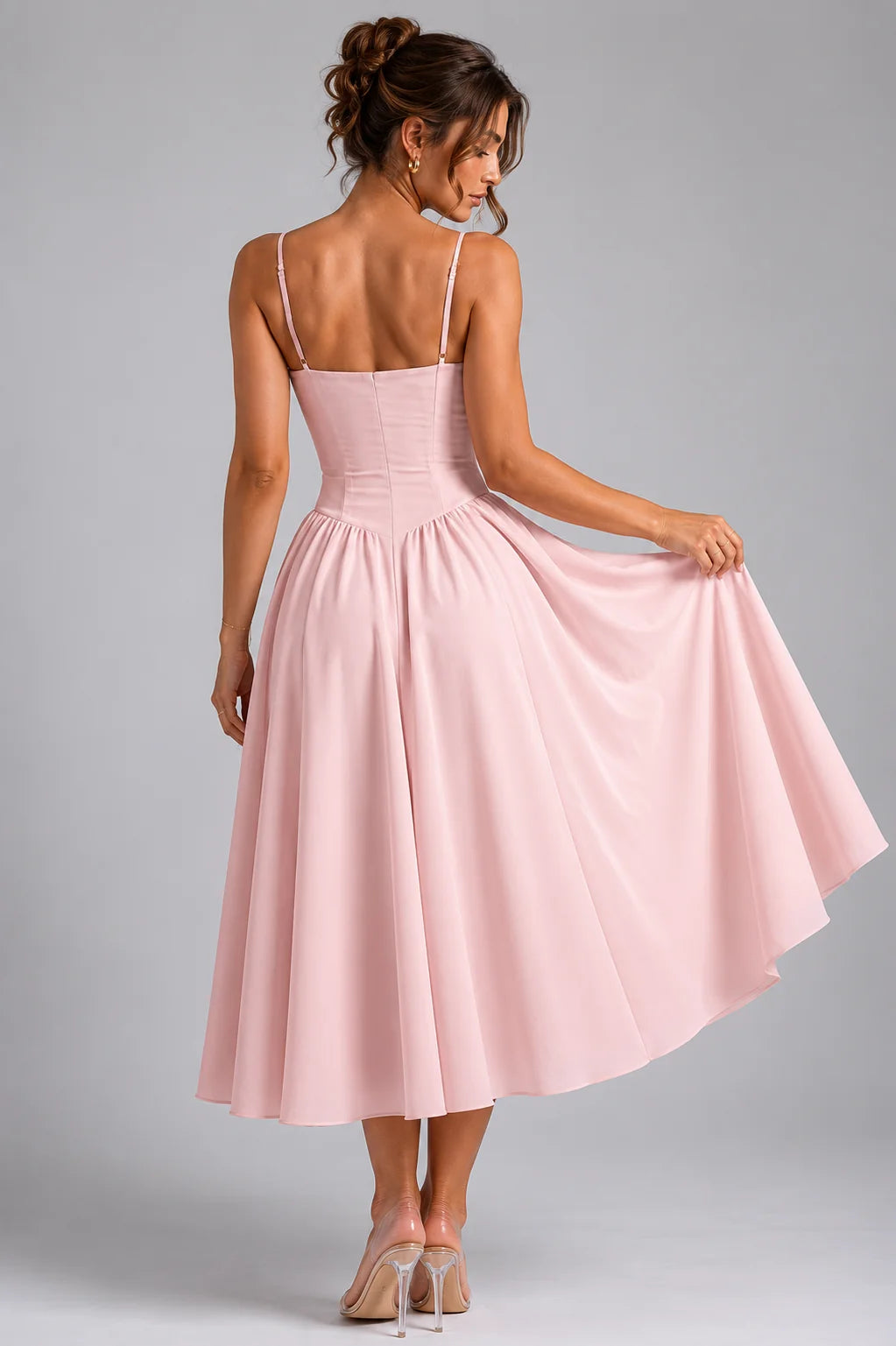 Women's Corset Midi Dress with Lace-Up Back & Full Skirt - Back Movement