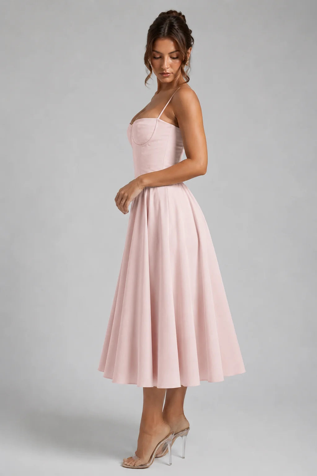 Women's Corset Midi Dress with Lace-Up Back & Full Skirt - Side Pose