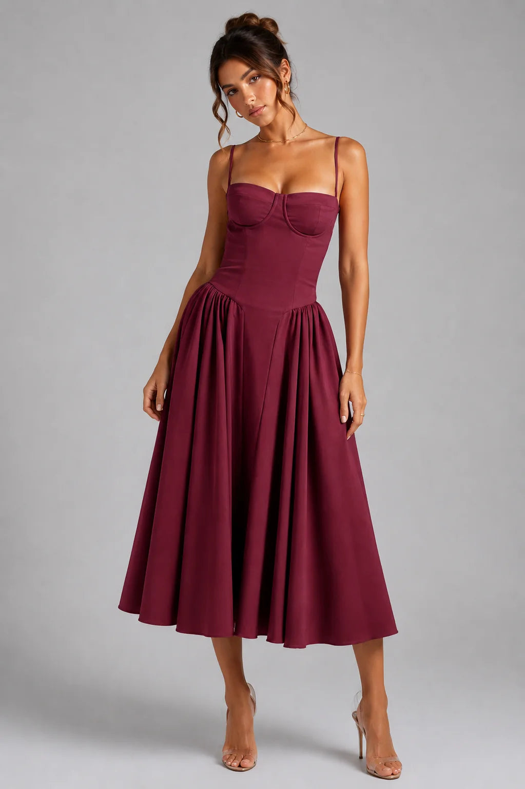 Cherry Lacquer Women's Corset Midi Dress with Lace-Up Back & Full Skirt - Front Closeup