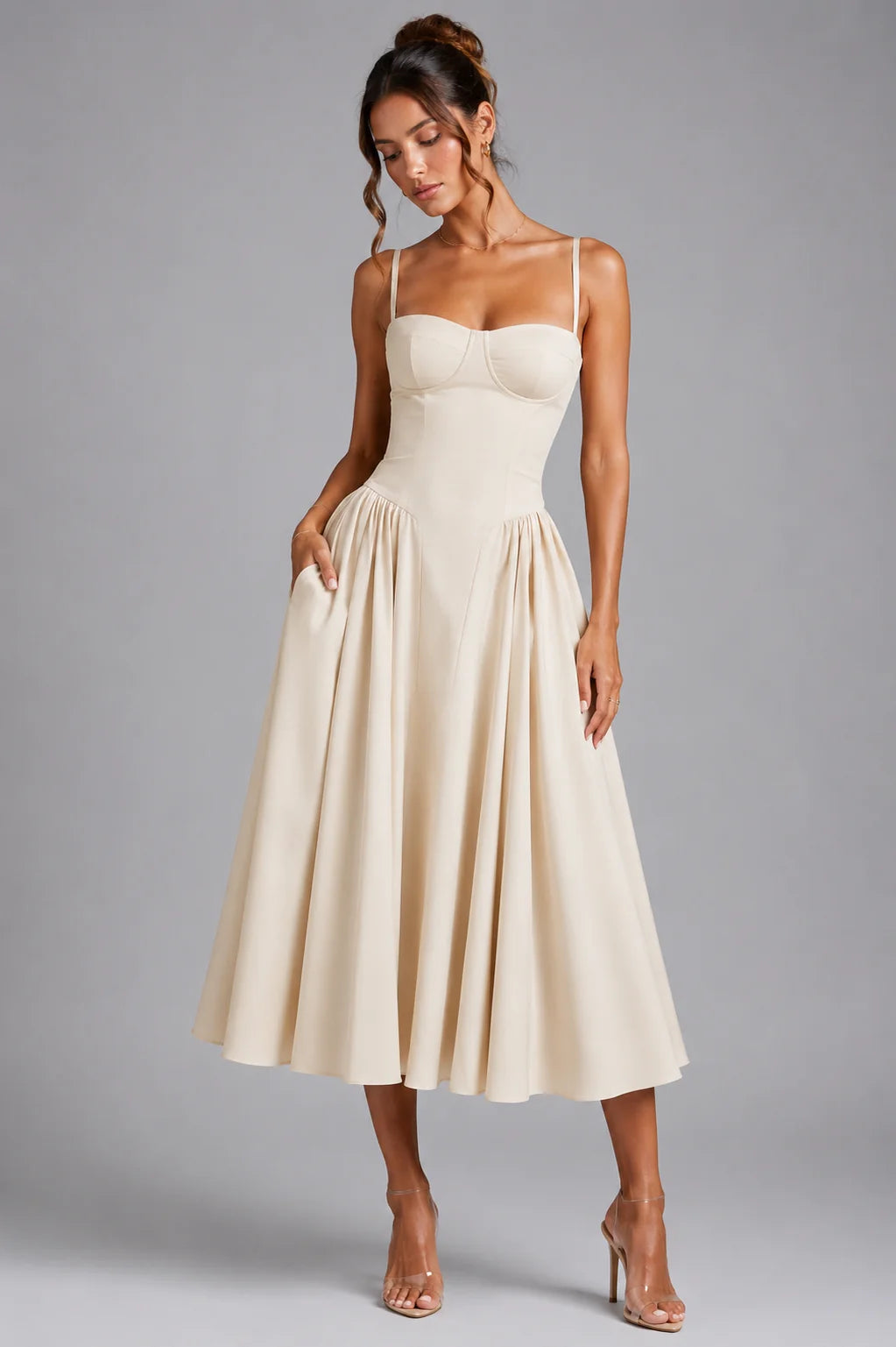 Ivory Women's Corset Midi Dress with Lace-Up Back & Full Skirt
