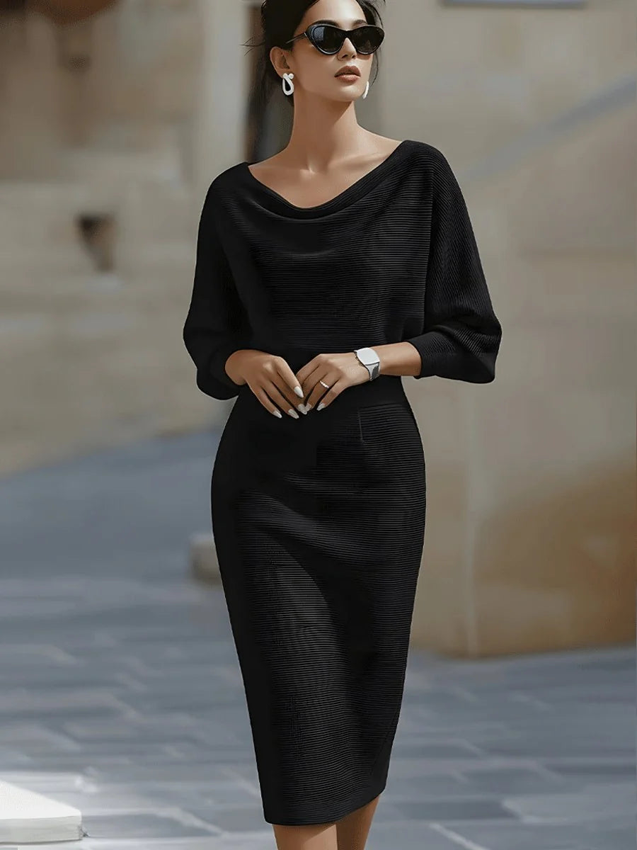 Black Women's Batwing Midi Dress with Cowl Neck & Fitted Skirt - Model Walking