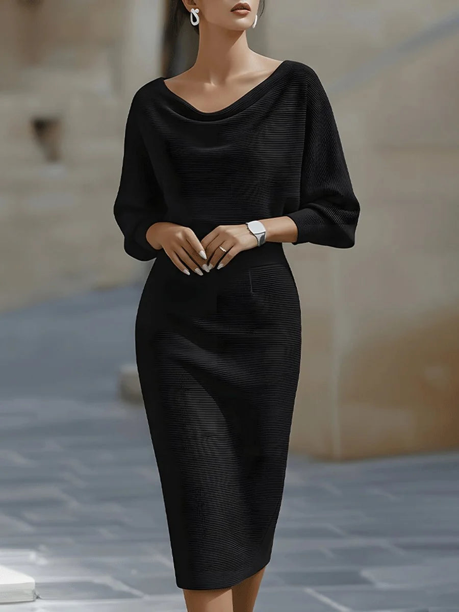 Women's Batwing Midi Dress with Cowl Neck & Fitted Skirt