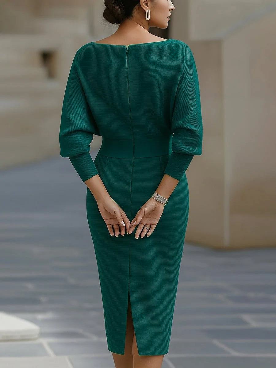 Women's Batwing Midi Dress with Cowl Neck & Fitted Skirt - Green Back Detail