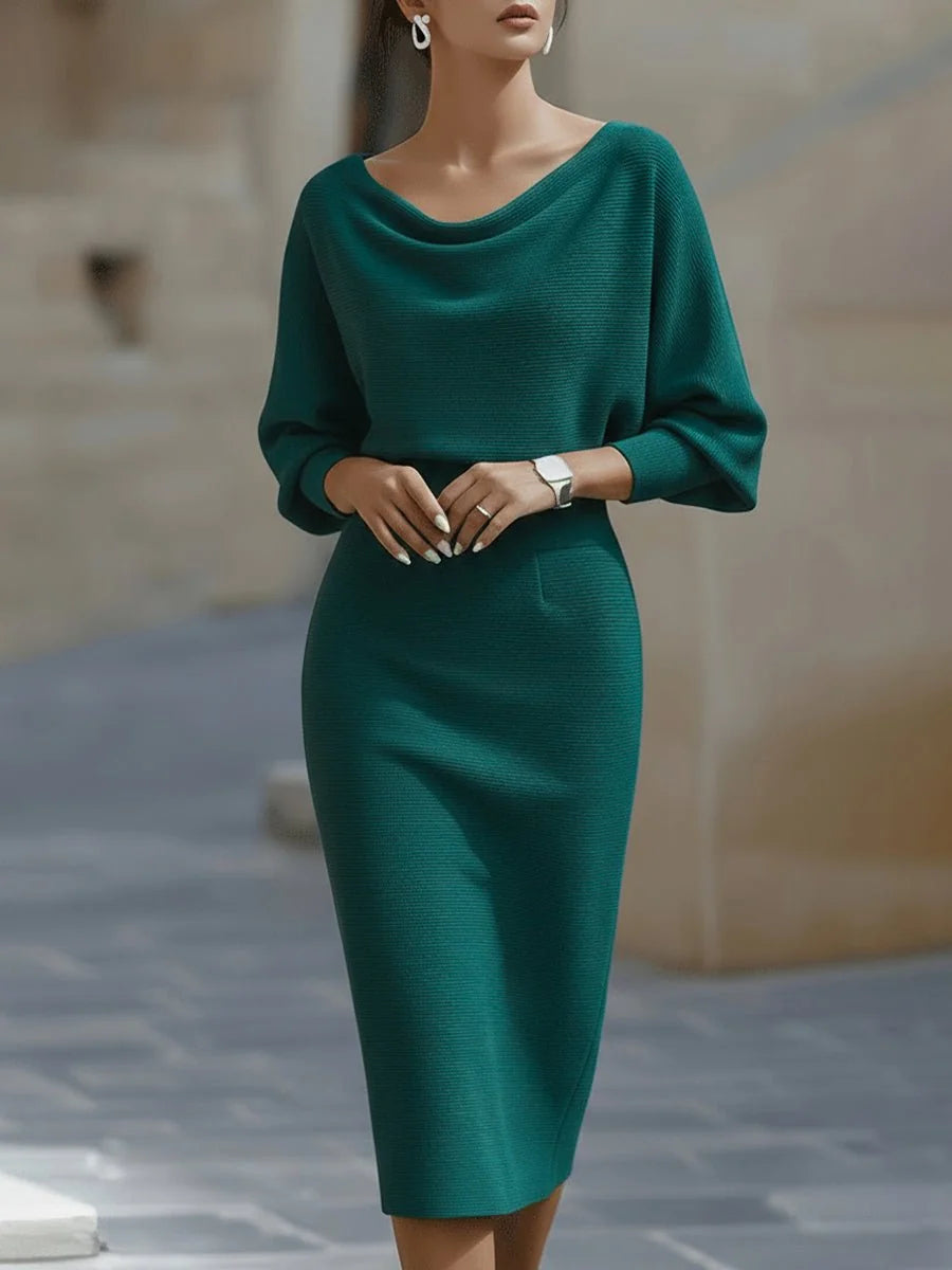 Blue Green Women's Batwing Midi Dress with Cowl Neck & Fitted Skirt - Sleeve Detail