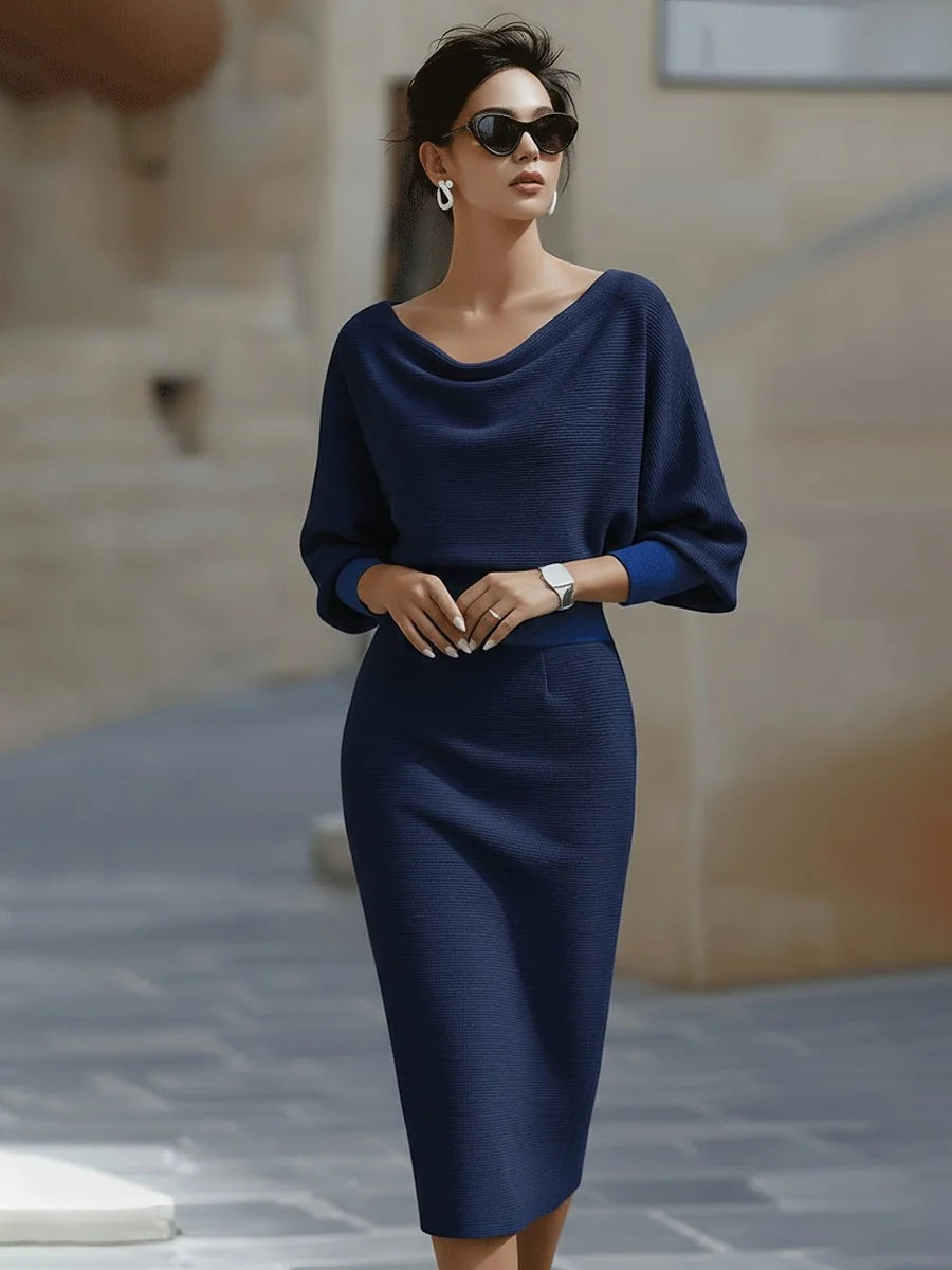 Navy Women's Batwing Midi Dress with Cowl Neck & Fitted Skirt