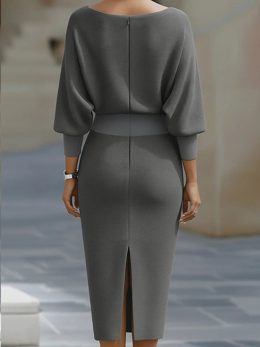 Women's Batwing Midi Dress with Cowl Neck & Fitted Skirt - Back Pose