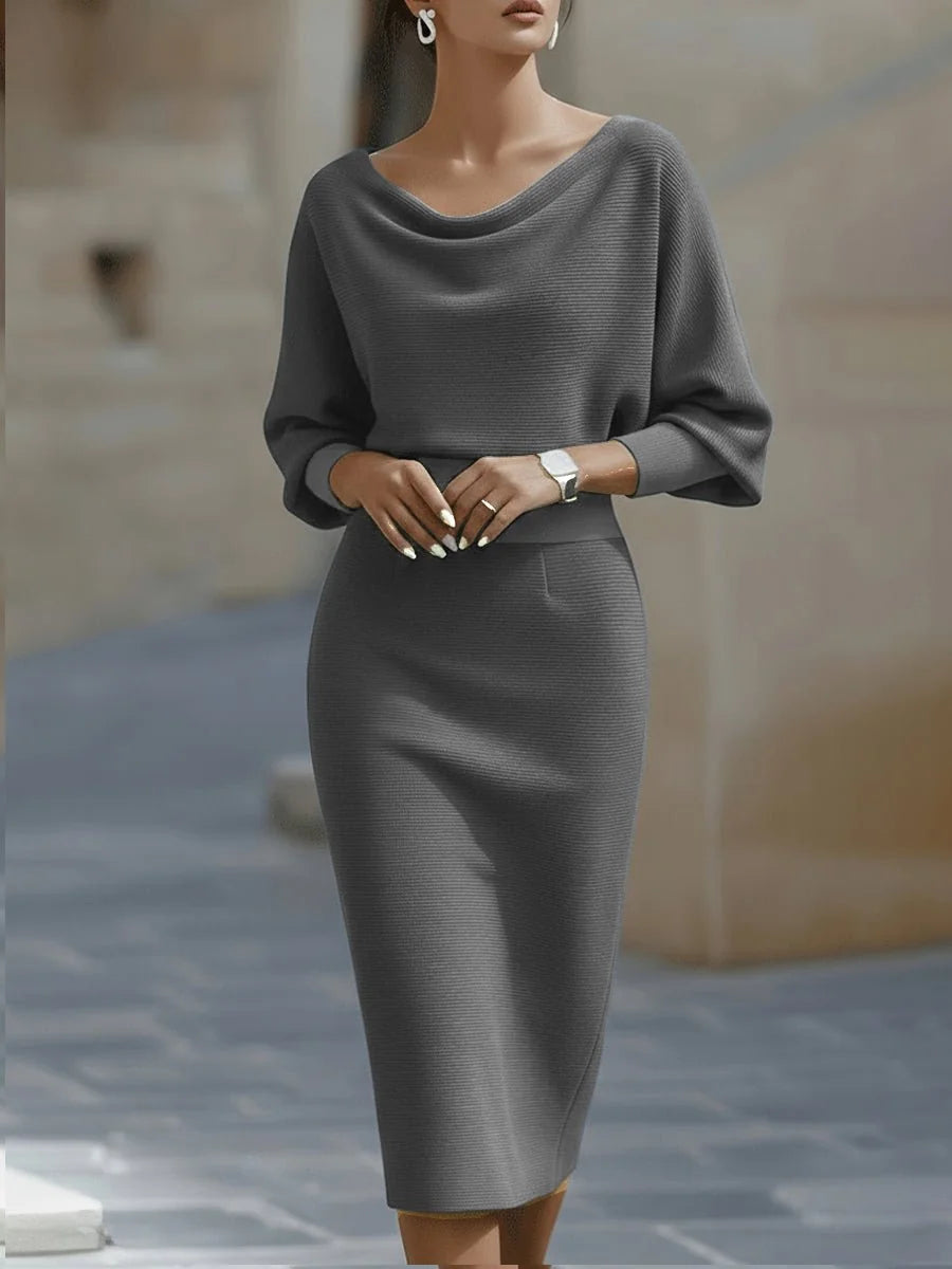 Grey Women's Batwing Midi Dress with Cowl Neck & Fitted Skirt - Front Closeup