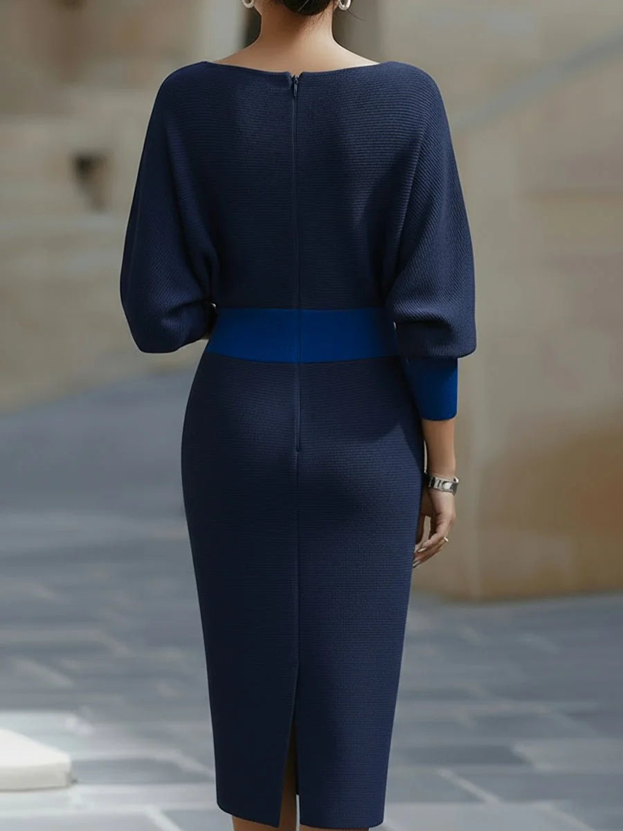 Women's Batwing Midi Dress with Cowl Neck & Fitted Skirt - Back Waist Detail