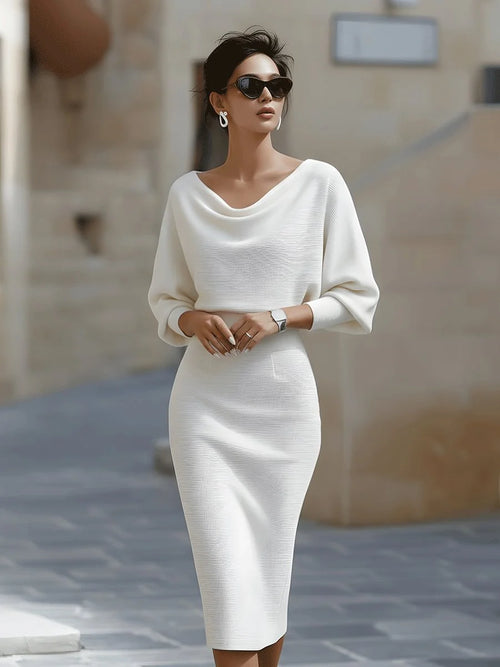 White Women's Batwing Midi Dress with Cowl Neck & Fitted Skirt - Front Full