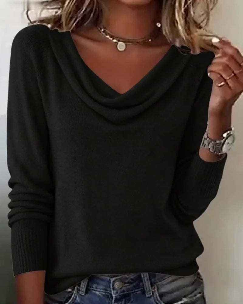Women's Collar Sweater with Draped Cowl Neck & Relaxed Fit - Hand Up Close Up