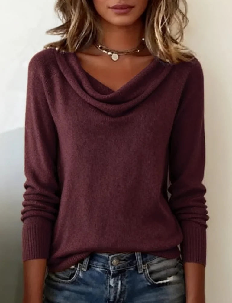 Women's Collar Sweater with Draped Cowl Neck & Relaxed Fit - Purple Front Close Up Alt
