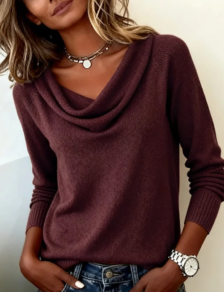 Dark Purple Women's Collar Sweater with Draped Cowl Neck & Relaxed Fit