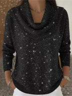 Black Women's Cowl Neck Sweater with Shimmer Knit & Relaxed Fit