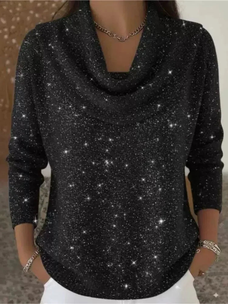 Black Women's Cowl Neck Sweater with Shimmer Knit & Relaxed Fit