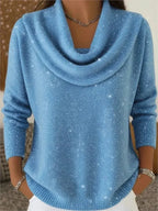 Blue Women's Cowl Neck Sweater with Shimmer Knit & Relaxed Fit