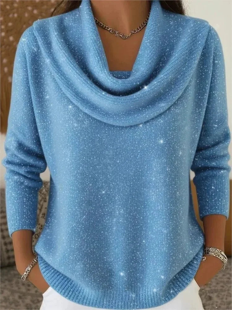 Blue Women's Cowl Neck Sweater with Shimmer Knit & Relaxed Fit