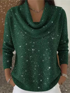 Green Women's Cowl Neck Sweater with Shimmer Knit & Relaxed Fit