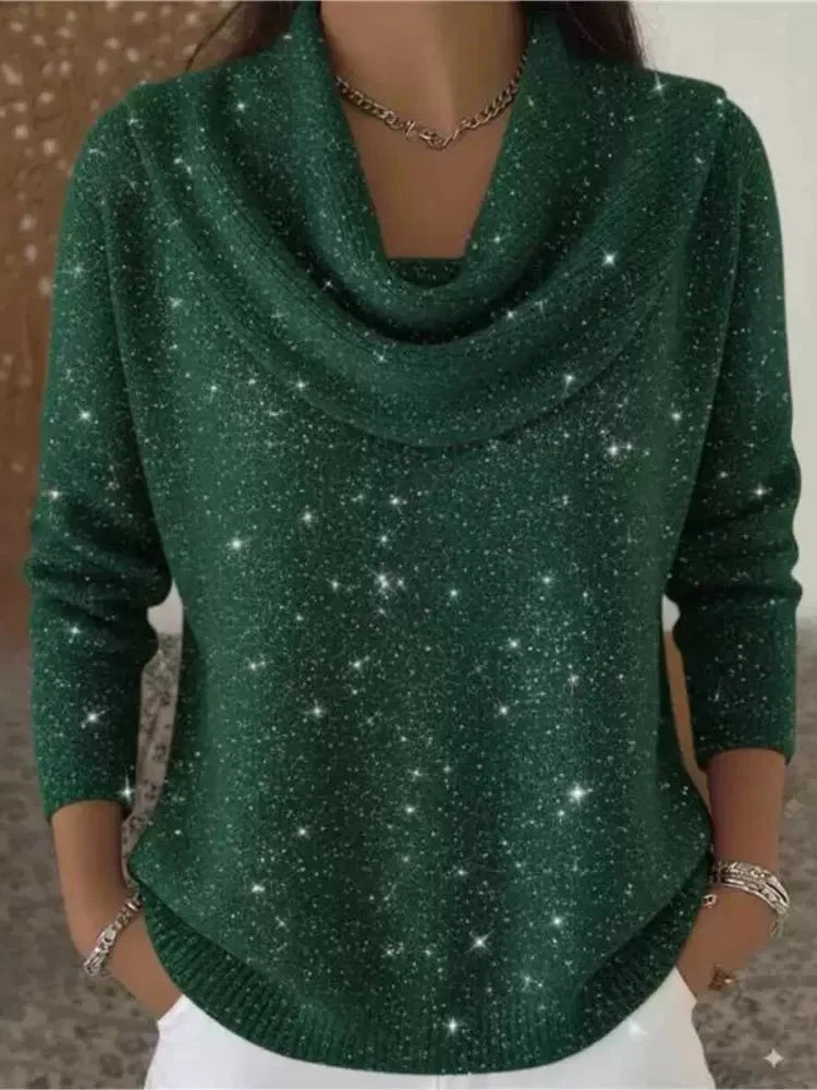 Green Women's Cowl Neck Sweater with Shimmer Knit & Relaxed Fit