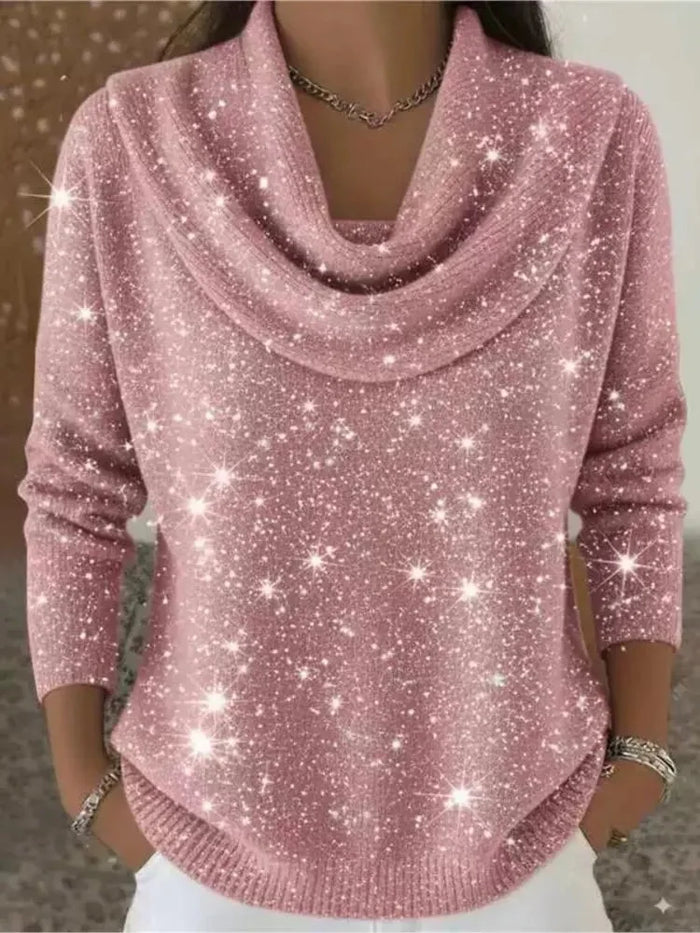 Pink Women's Cowl Neck Sweater with Shimmer Knit & Relaxed Fit