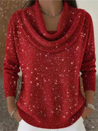 Red Women's Cowl Neck Sweater with Shimmer Knit & Relaxed Fit