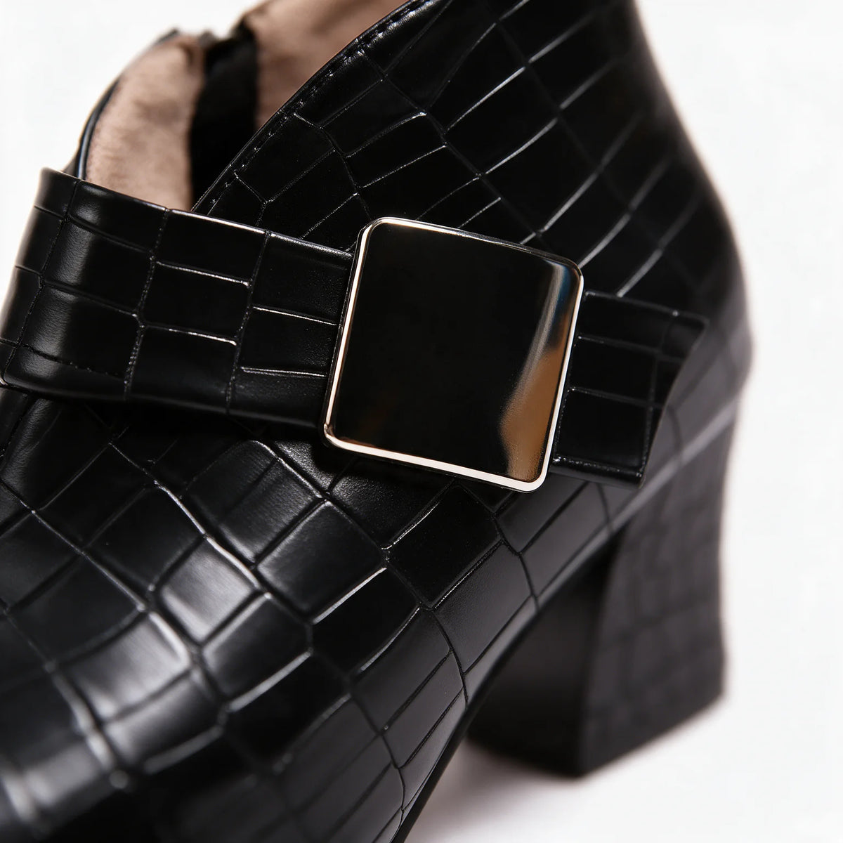 Women's Croc Ankle Boots with Block Heel & Buckle Strap - Buckle Detail Dark