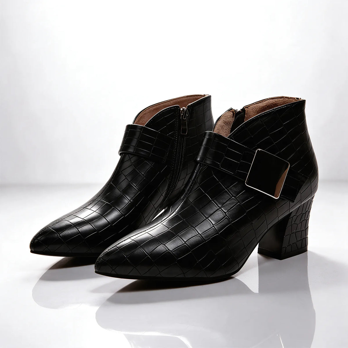Black Women's Croc Ankle Boots with Block Heel & Buckle Strap - Front Pair