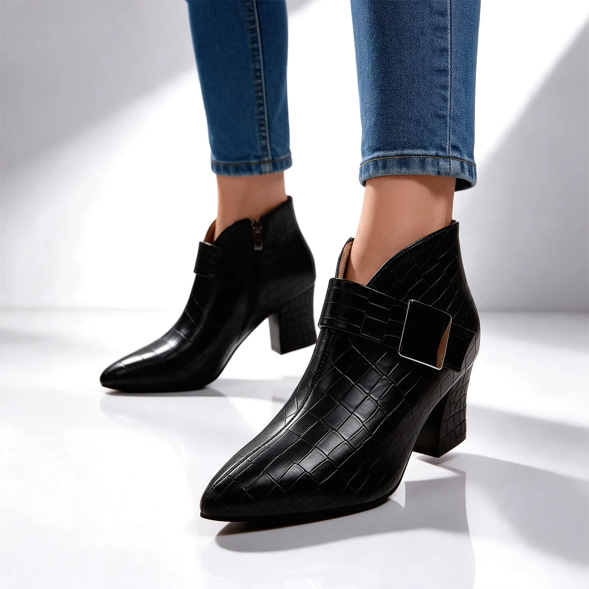 Women's Croc Ankle Boots with Block Heel & Buckle Strap