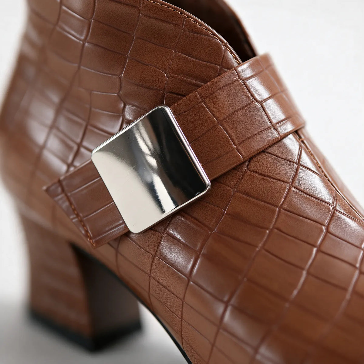 Women's Croc Ankle Boots with Block Heel & Buckle Strap - Buckle Close Up