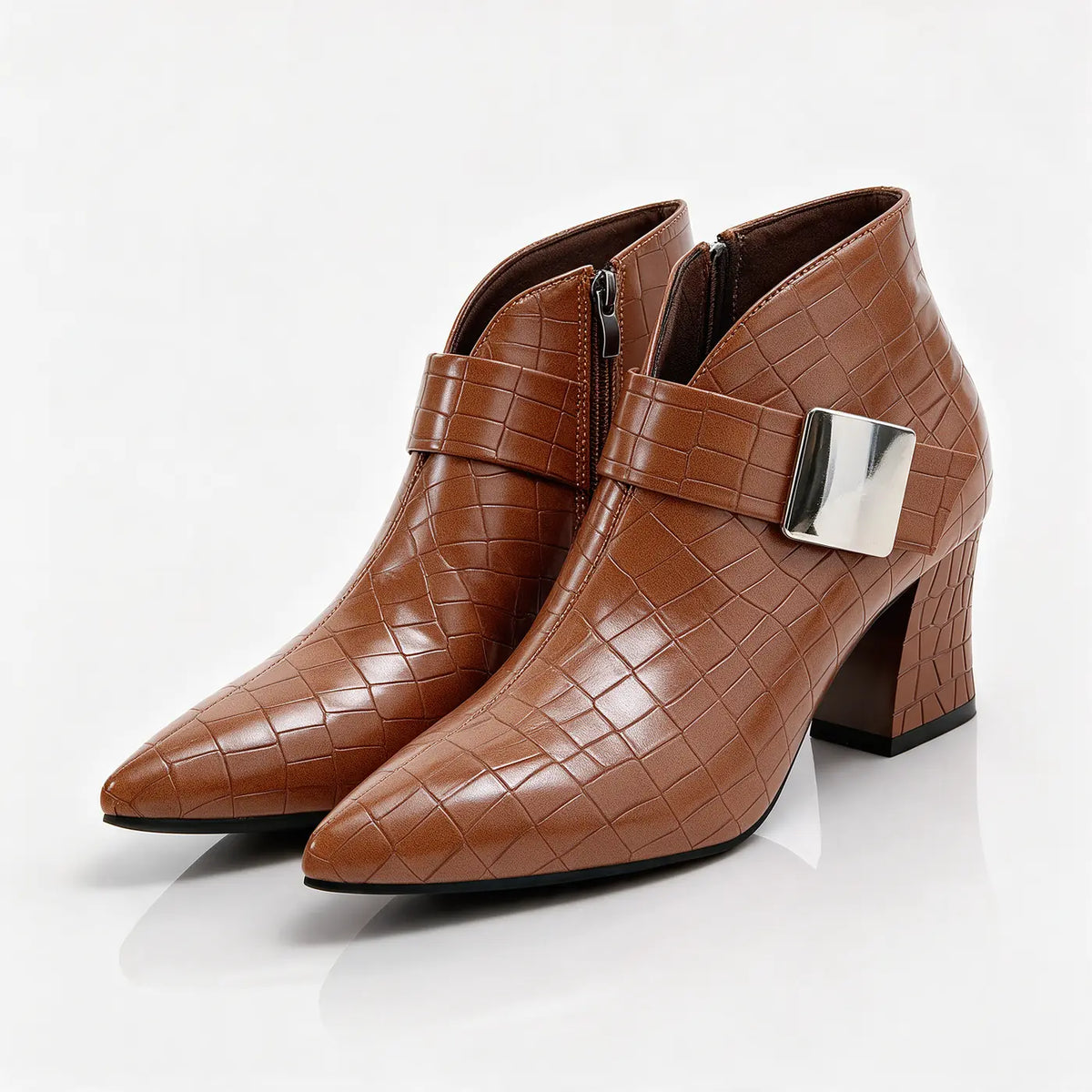 Brown Women's Croc Ankle Boots with Block Heel & Buckle Strap - Front Full