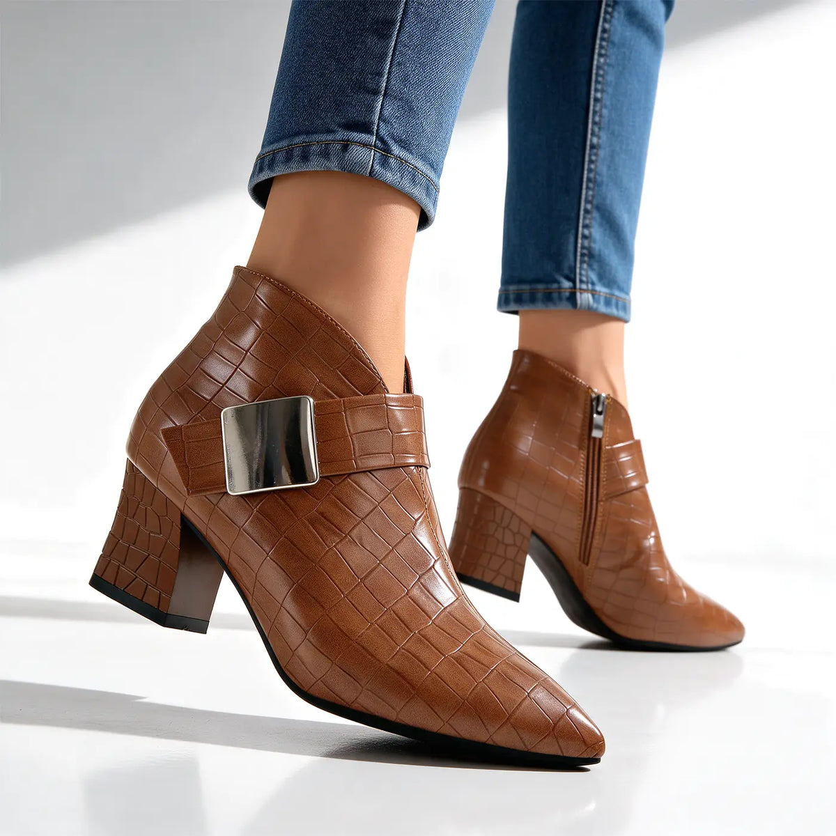 Women's Croc Ankle Boots with Block Heel & Buckle Strap