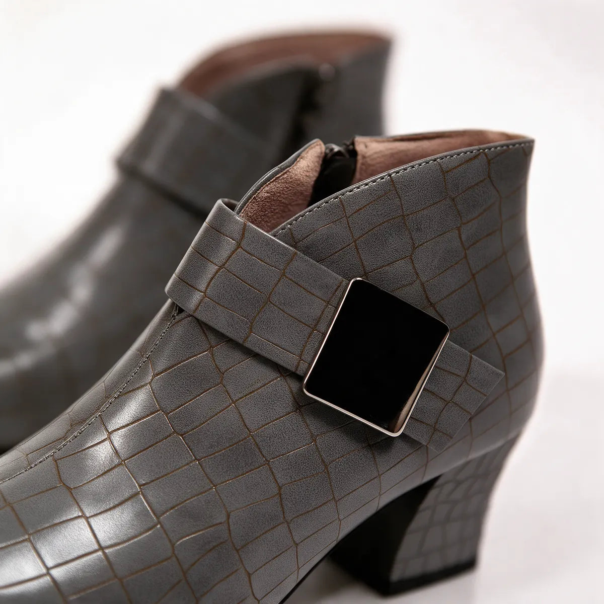 Women's Croc Ankle Boots with Block Heel & Buckle Strap - Heel Buckle Detail