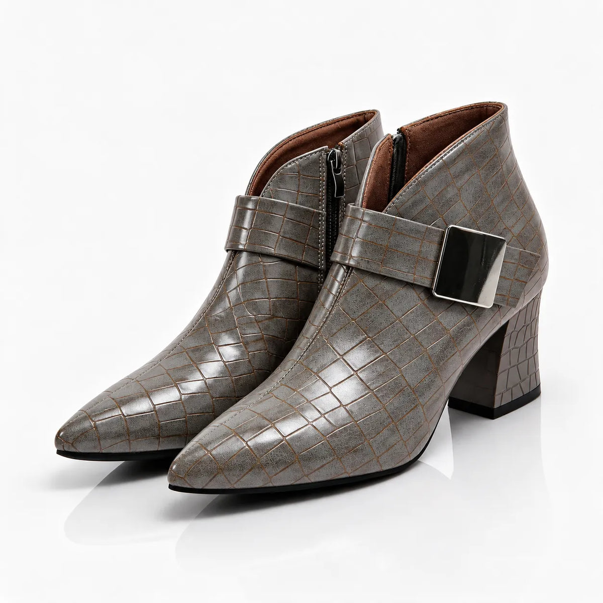Gray Women's Croc Ankle Boots with Block Heel & Buckle Strap - Studio Pair