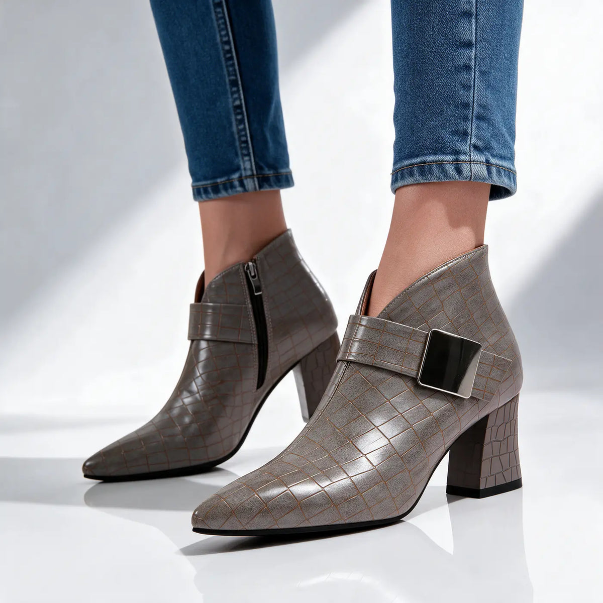 Women's Croc Ankle Boots with Block Heel & Buckle Strap