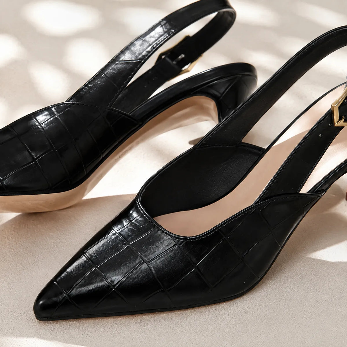 Women's Croc Kitten Heels with Slingback Buckle & Pointed Toe - Close Up Heel