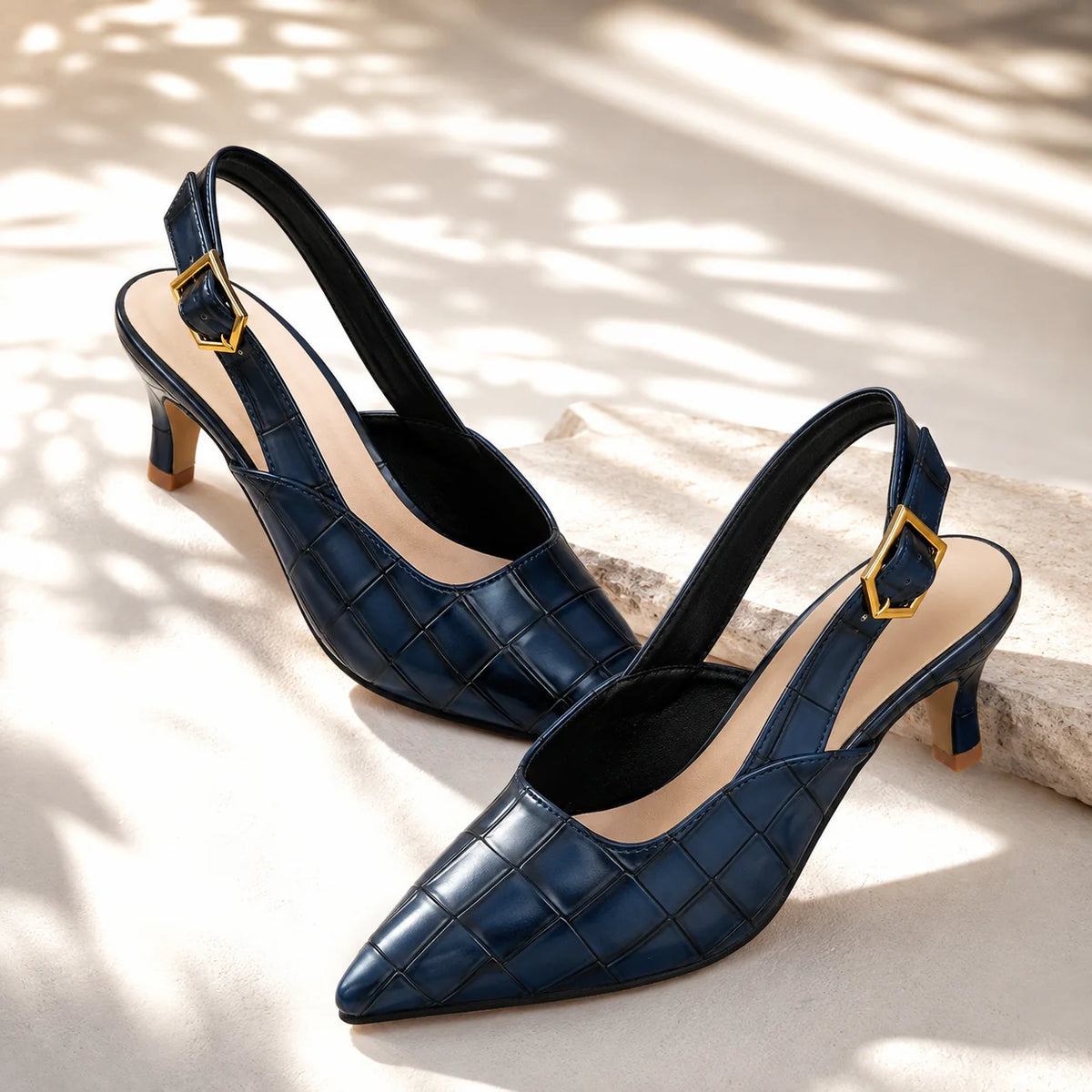 Blue Women's Croc Kitten Heels with Slingback Buckle & Pointed Toe — Zoe