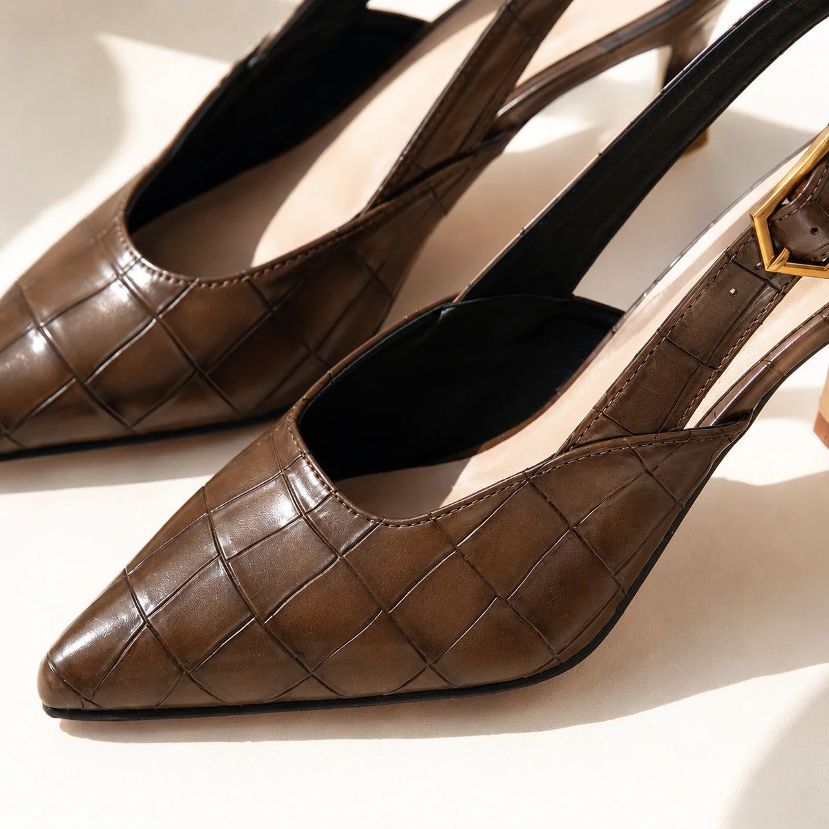 Women's Croc Kitten Heels with Slingback Buckle & Pointed Toe - Close Up Strap