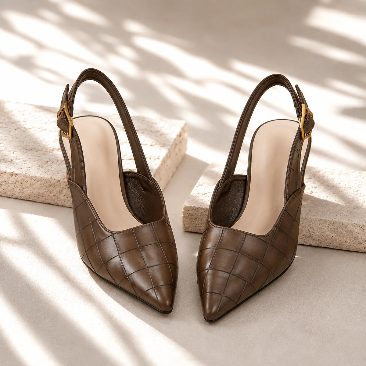Brown Women's Croc Kitten Heels with Slingback Buckle & Pointed Toe — Zoe