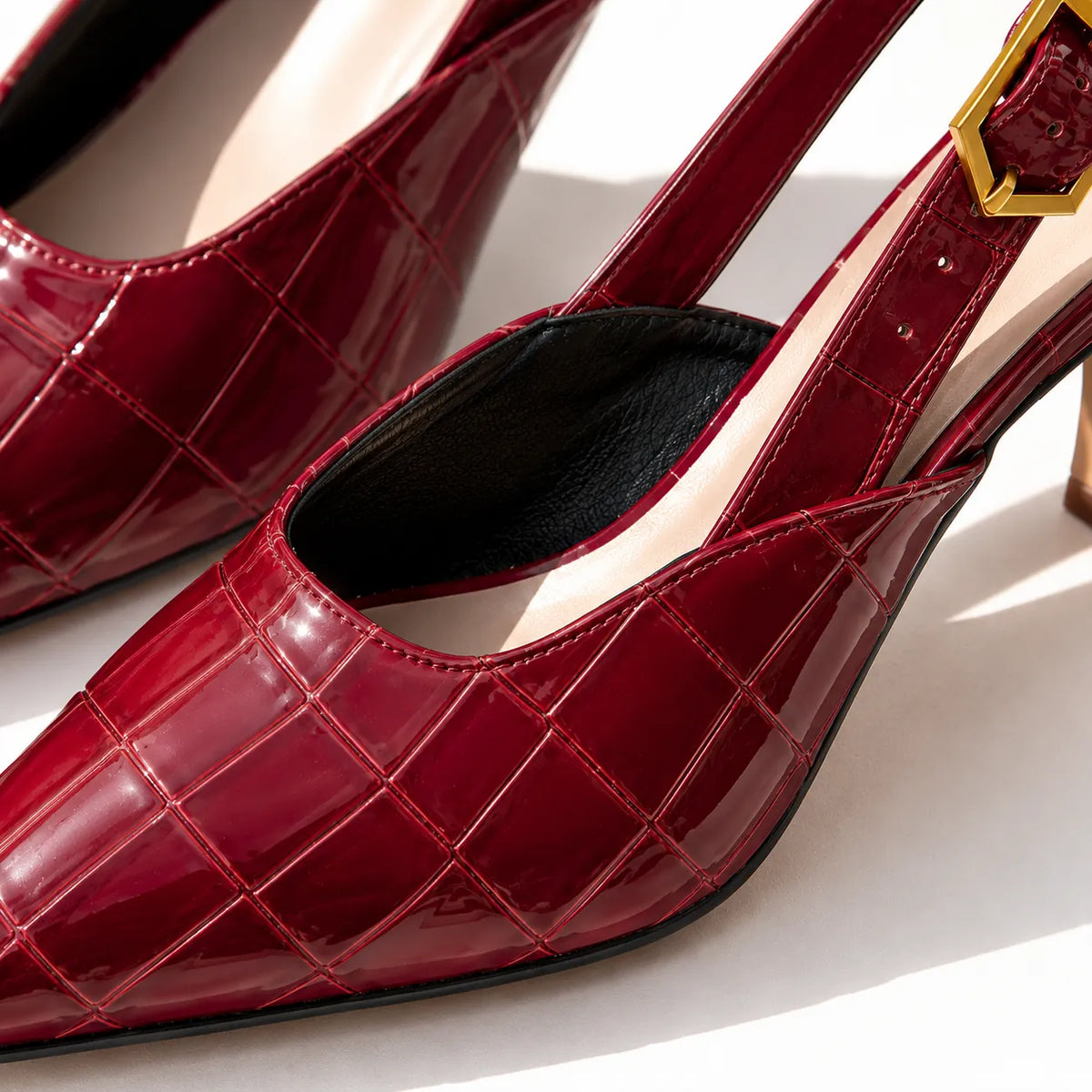 Women's Croc Kitten Heels with Slingback Buckle & Pointed Toe - Close Up Toe