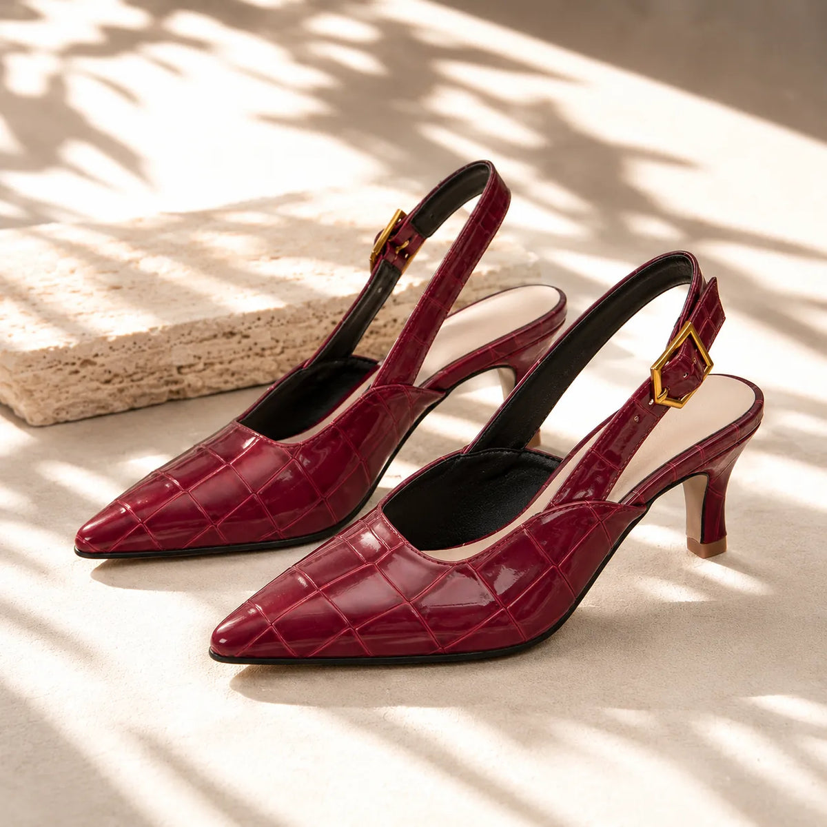 Red Women's Croc Kitten Heels with Slingback Buckle & Pointed Toe