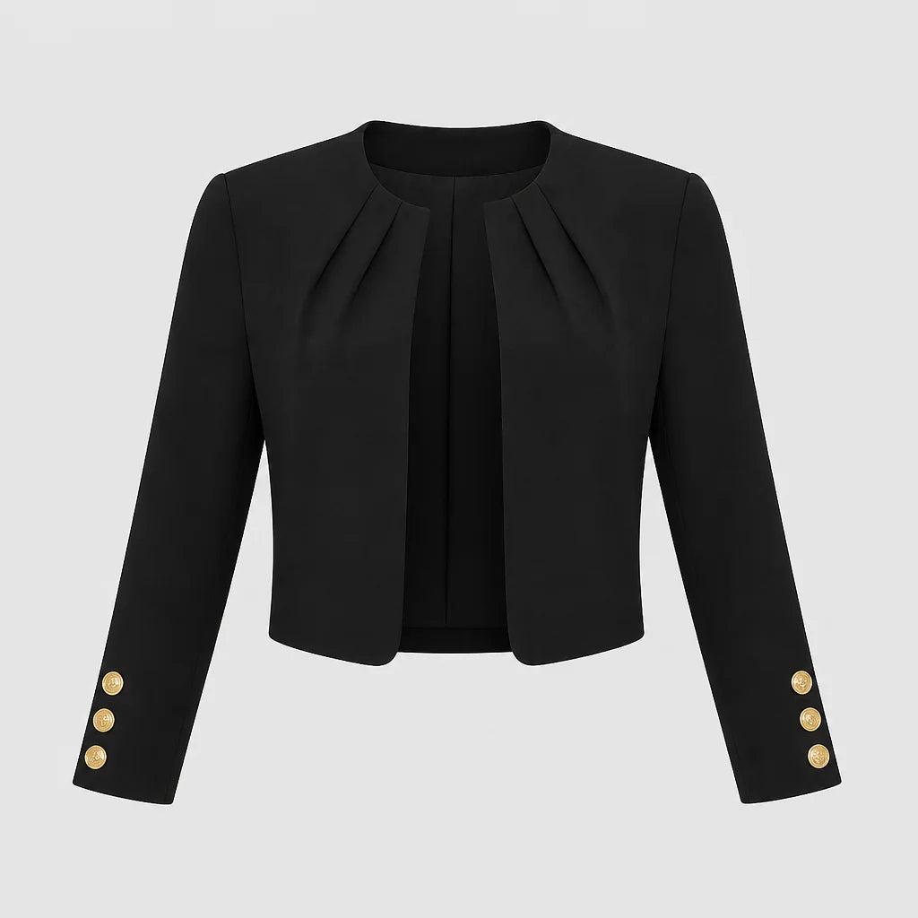 Black Women's Cropped Open-Front Blazer with Pleated Neckline & Button Cuffs