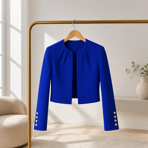 Women's Cropped Open-Front Blazer with Pleated Neckline & Button Cuffs - Hanger Display