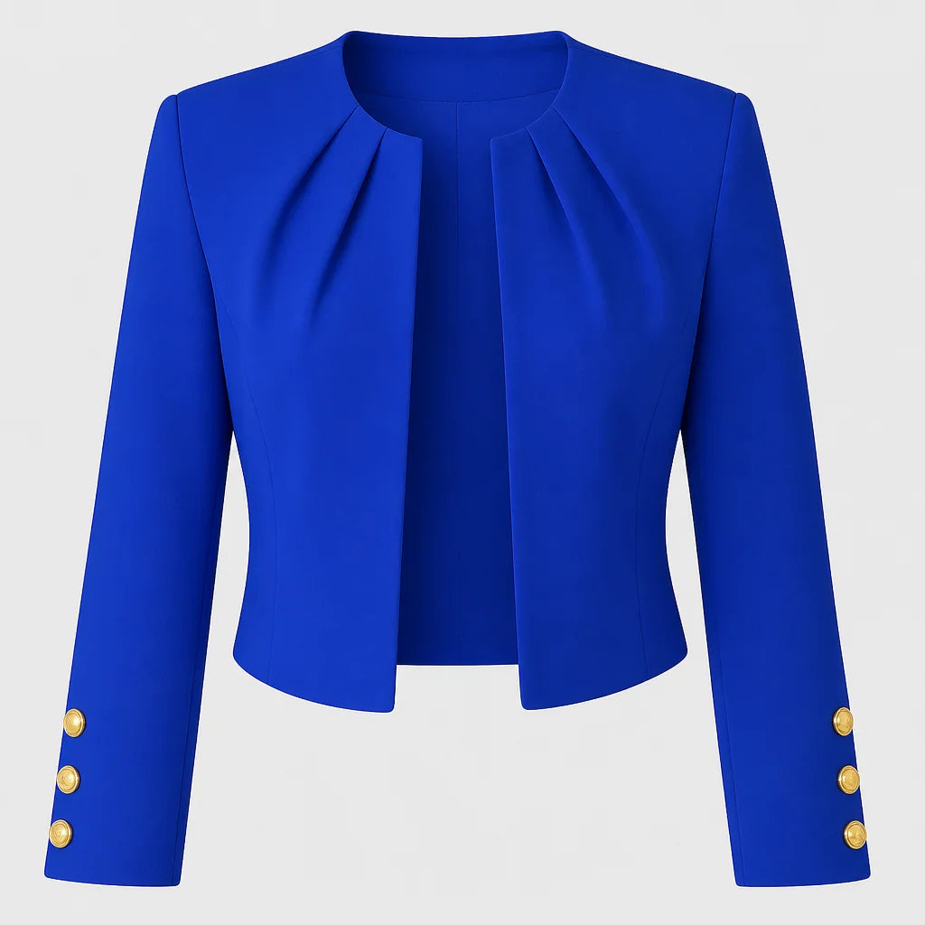Blue Women's Cropped Open-Front Blazer with Pleated Neckline & Button Cuffs
