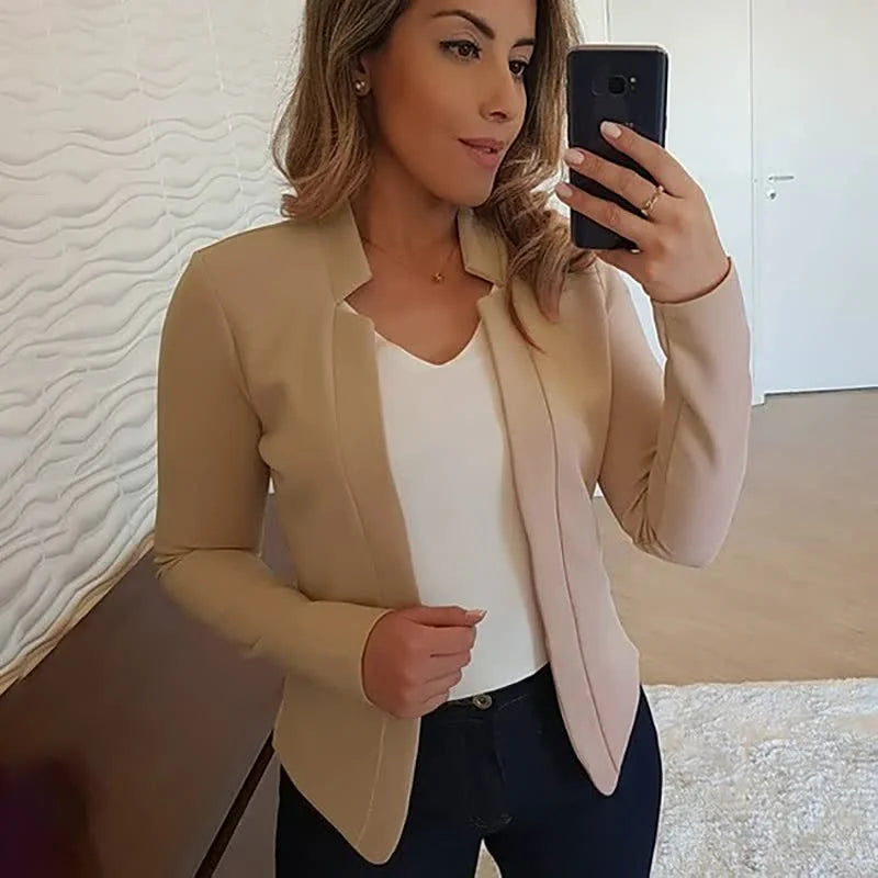 Khaki Women's Open-Front Blazer with Notched Collar & Long Sleeves